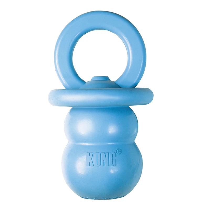 Light blue KONG Puppy Binkie teething chew toy with a handle and base.