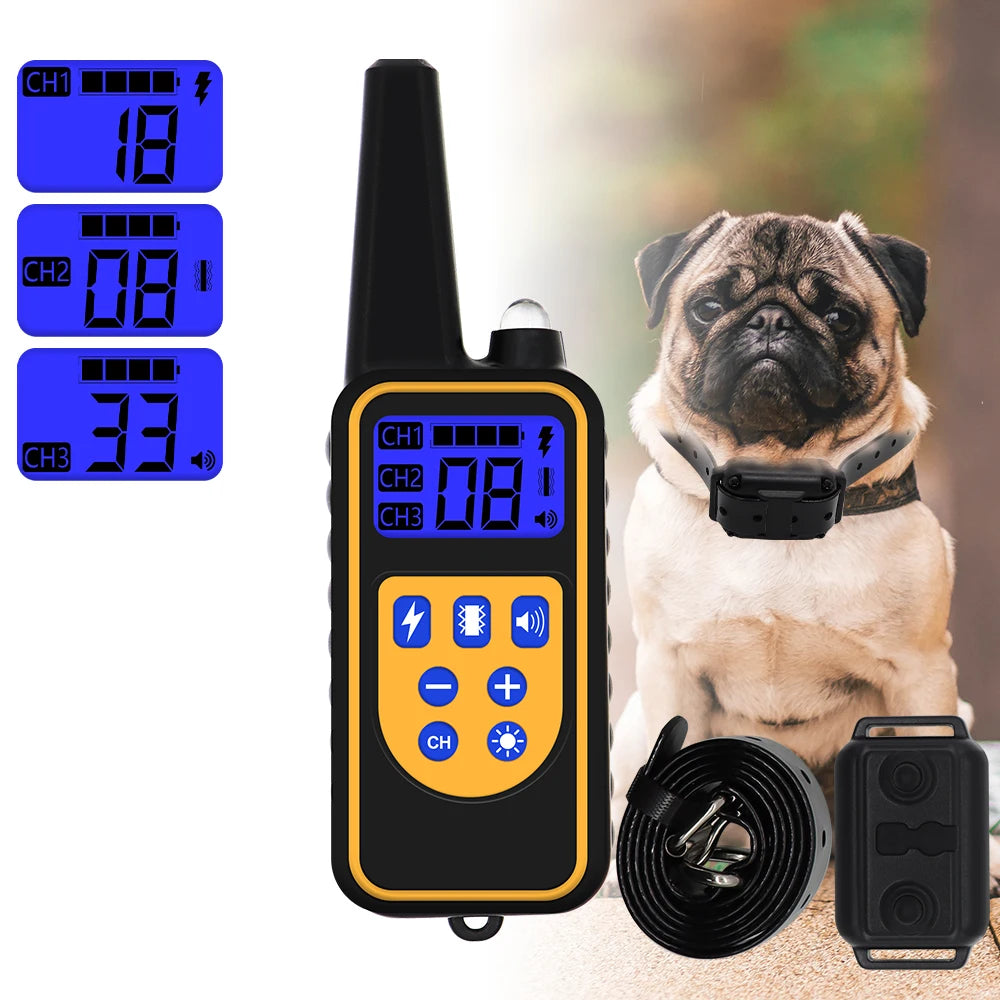 A black remote dog training collar with an LCD display showing channel numbers and a dog wearing the collar.