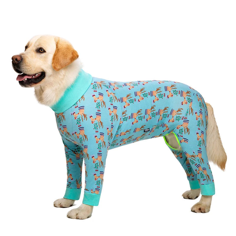A golden Labrador wearing a teal jumpsuit with an orange and green cartoon animal print.