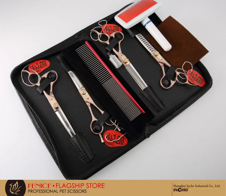 A black case containing a professional pet grooming scissors set with various combs and brushes.