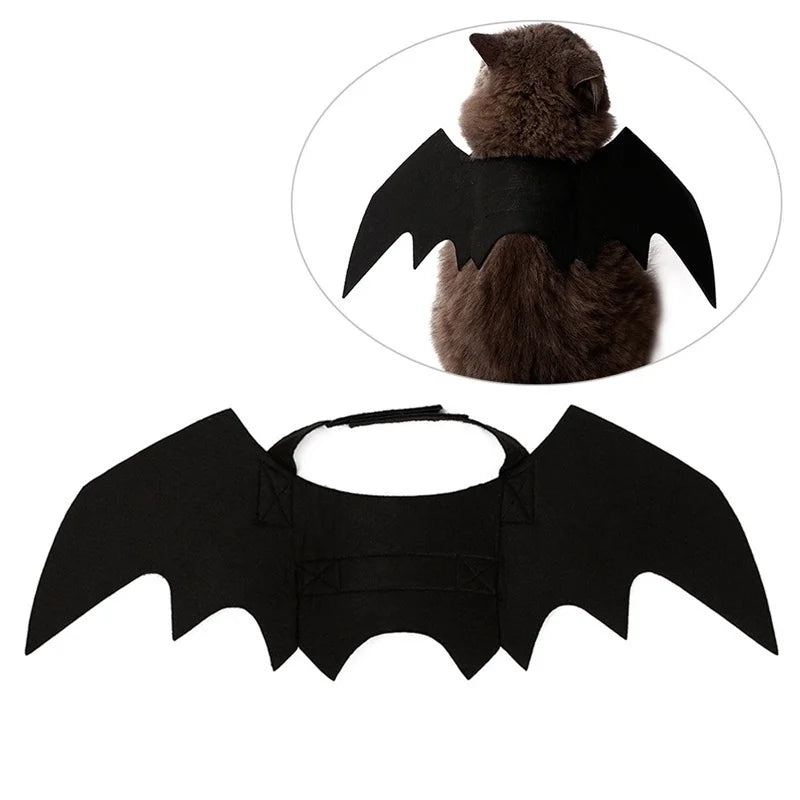 Costume d'ailes de chauve-souris noires pour chats, tissu sombre et fourrure duveteuse