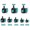 A collection of various submersible water pumps labeled EB-306 through EB-305, showing different sizes and configurations.