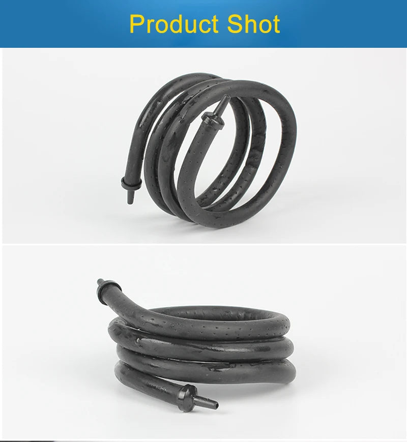 A black silicone aquarium air tube aerator coiled and a separate piece shown against a white background.
