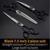 Black 7.5 inch 3 piece suit of straight, curved, and large tooth scissors for pet grooming