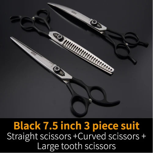 Black 7.5 inch 3 piece suit of straight, curved, and large tooth scissors for pet grooming