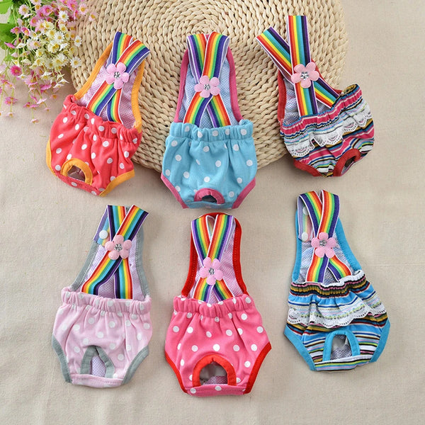 A collection of colorful washable physiological dog underwear for females in various stripes and patterns.