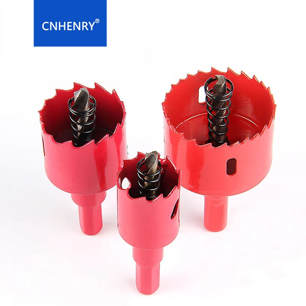 A pair of red bi-metal hole saw bits for drilling metal and plastic materials.