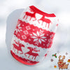 A red and white knitted fleece vest featuring reindeer and snowflake patterns for small pets.