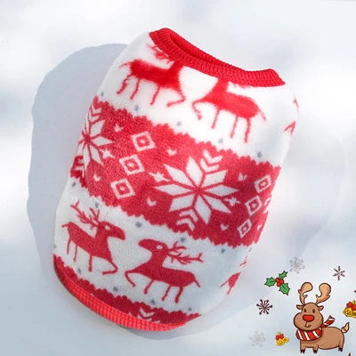 A red and white knitted fleece vest featuring reindeer and snowflake patterns for small pets.