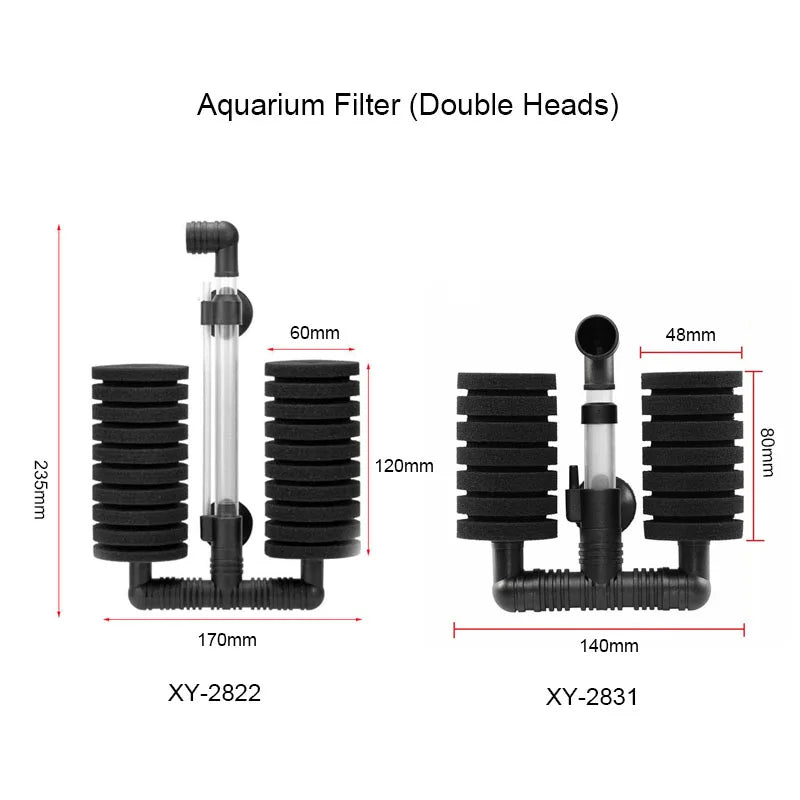 Filtre d'aquarium à double tête, composants noirs et argentés.