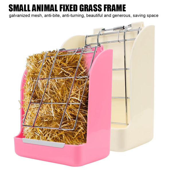 Pink small animal fixed grass frame rack for rabbit hay and food