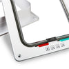 A close-up view of a white 4-way locking pet door for dogs and cats with a dark gray felt seal and control buttons.