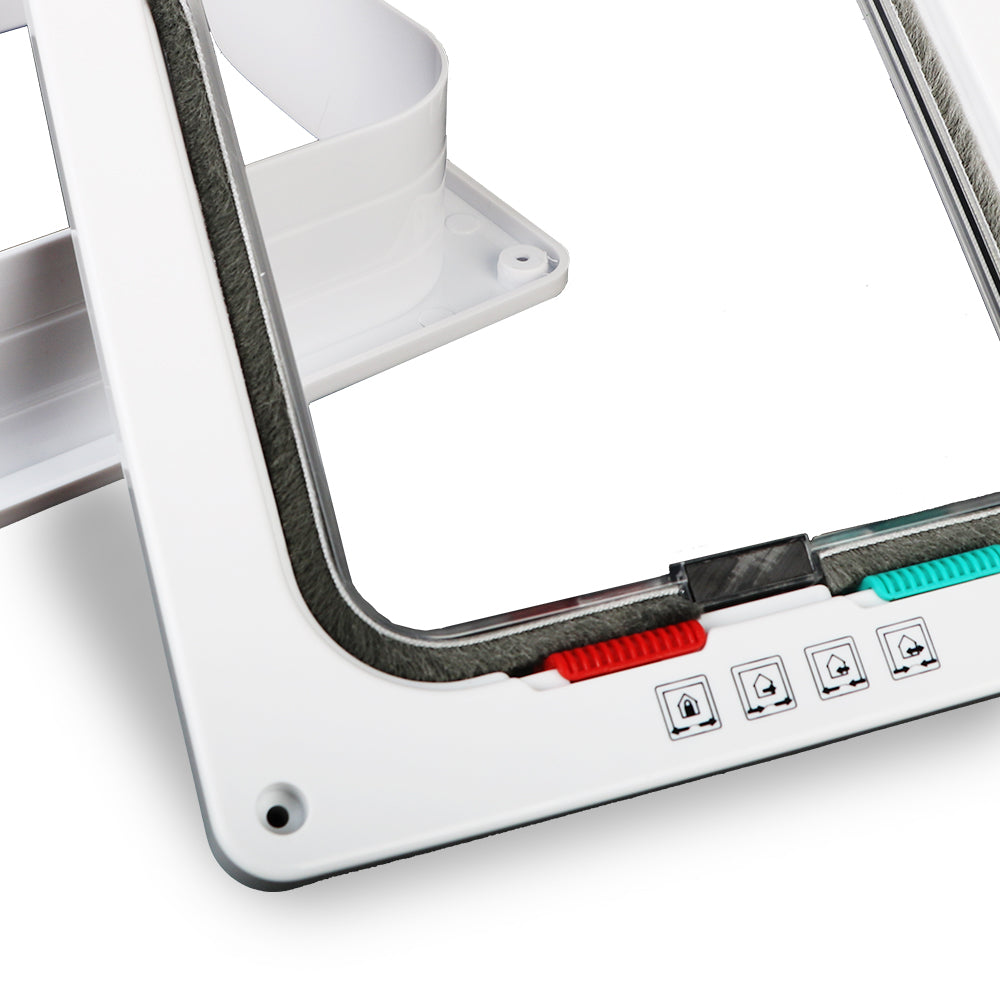 A close-up view of a white 4-way locking pet door for dogs and cats with a dark gray felt seal and control buttons.