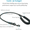 A dual dog leash with a reflective climbing rope, padded handle, and metal clasp.