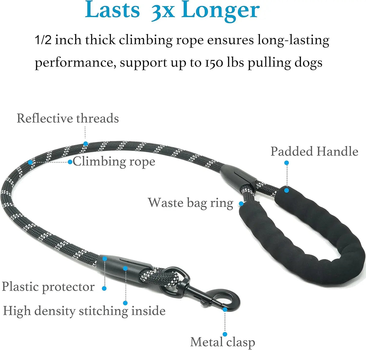 A dual dog leash with a reflective climbing rope, padded handle, and metal clasp.