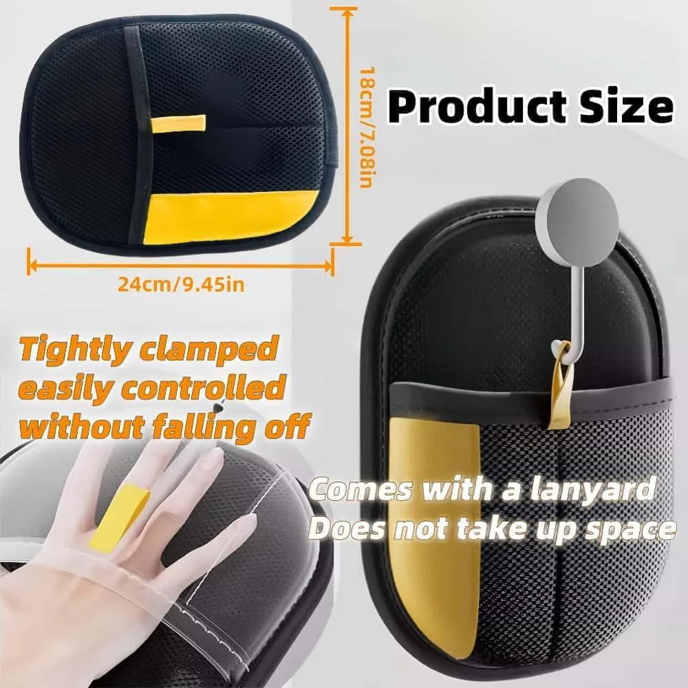 Black reusable pet hair removal glove with a yellow accent, shown in various angles and size measurements.