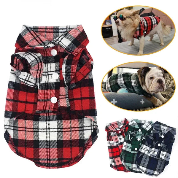 A red and black plaid dog clothing vest for small pets shown in various angles.
