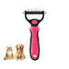 A pink undercoat rake dematting comb for dogs and cats shown next to a ginger cat and a golden retriever.