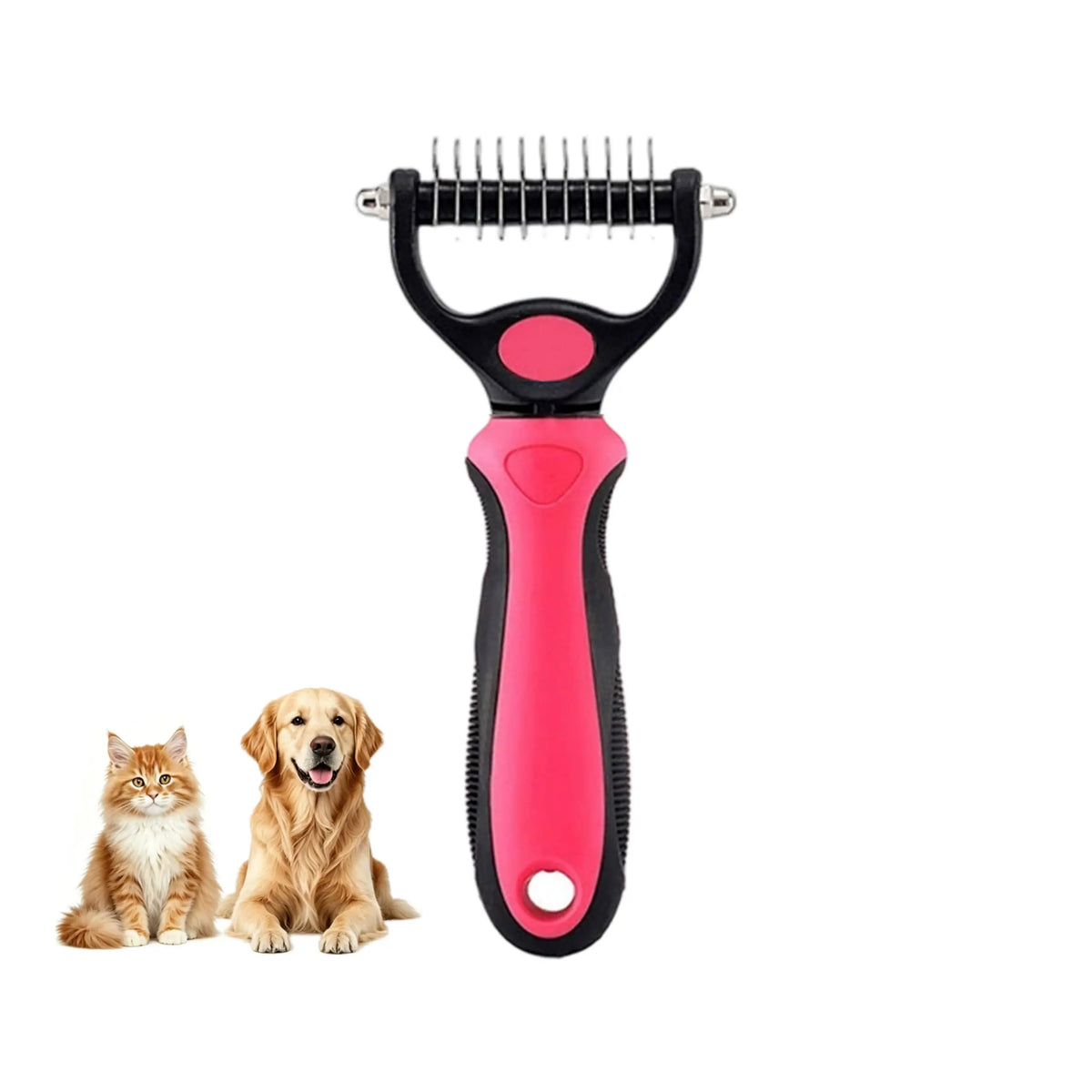 A pink undercoat rake dematting comb for dogs and cats shown next to a ginger cat and a golden retriever.