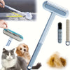 A light blue reusable dog hair brush is shown with various attachments and a pet in the background.