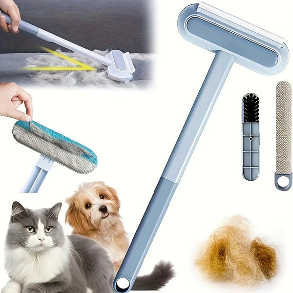 Un cepillo reutilizable para pelo de perro azul claro con varios accesorios y una mascota de fondo.