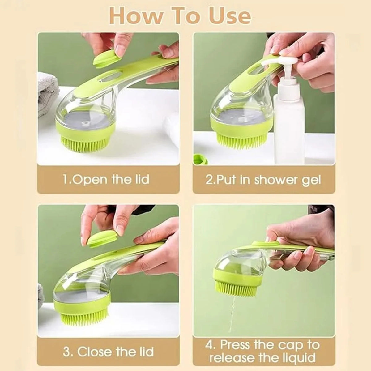 Instructions for using a silicone pet bath brush with a shampoo dispenser, showing steps to open, put in gel, close the lid, 