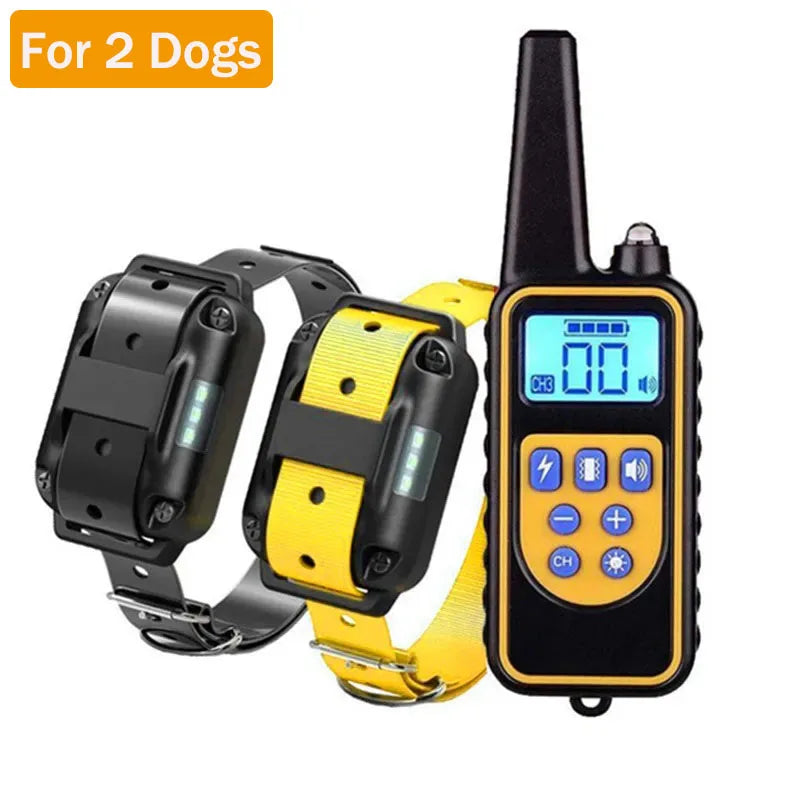 A black waterproof remote dog training collar with a yellow strap and digital display is shown for two dogs.