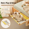 A fluffy kitten rests in a wooden cat hammock and bed, designed for cats to rest, play, and relax.
