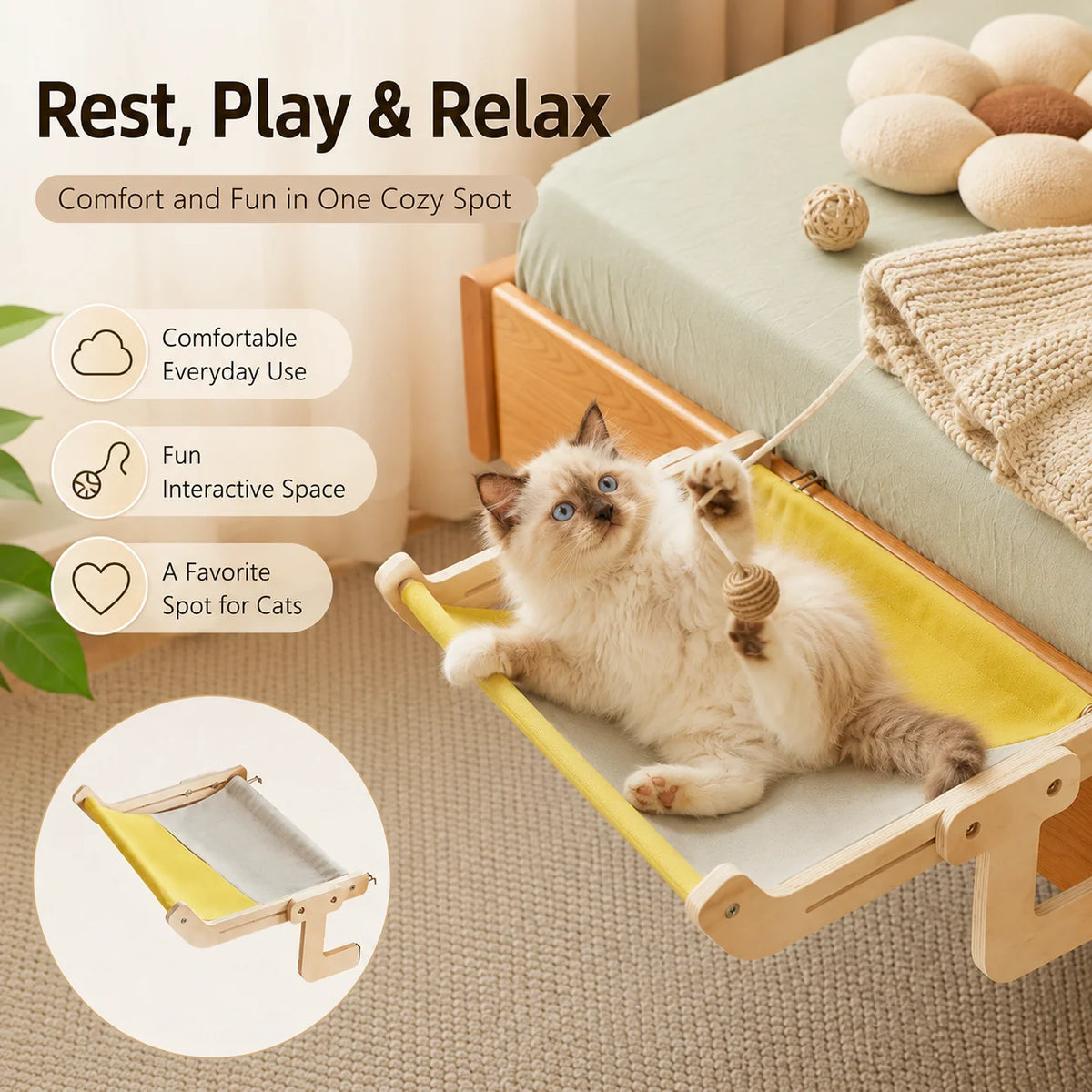 A fluffy kitten rests in a wooden cat hammock and bed, designed for cats to rest, play, and relax.