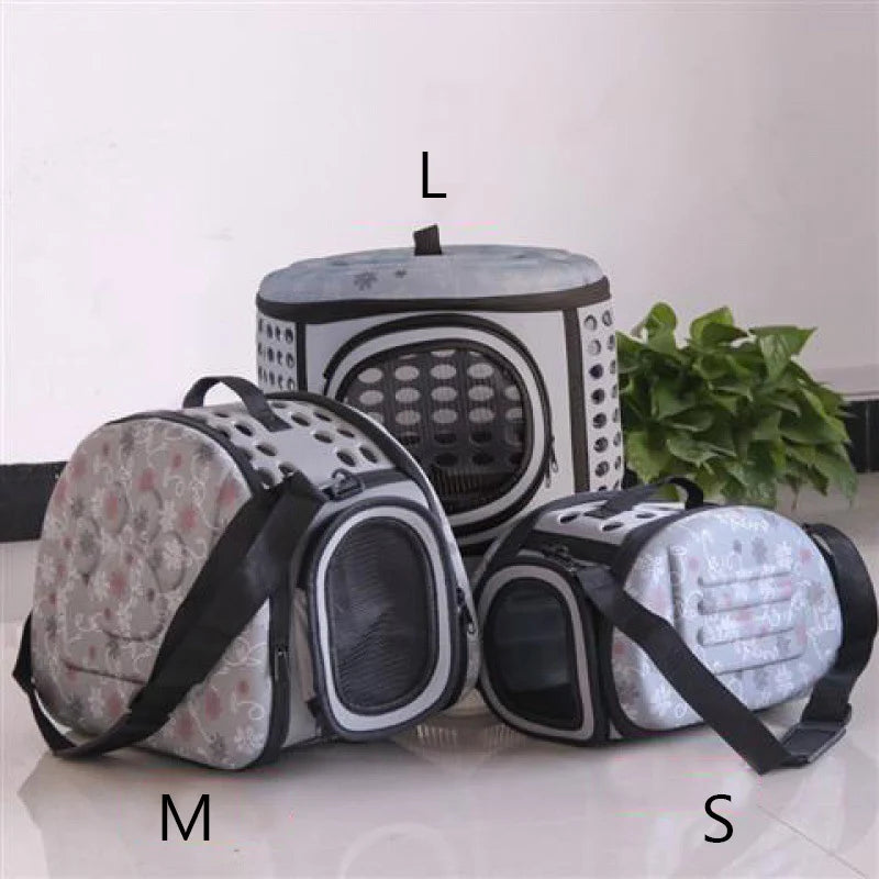 Three breathable pet carrier backpacks for cats and small dogs labeled L, M, and S.