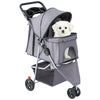 A gray 3-wheel foldable pet stroller with mesh windows carrying a small white dog.