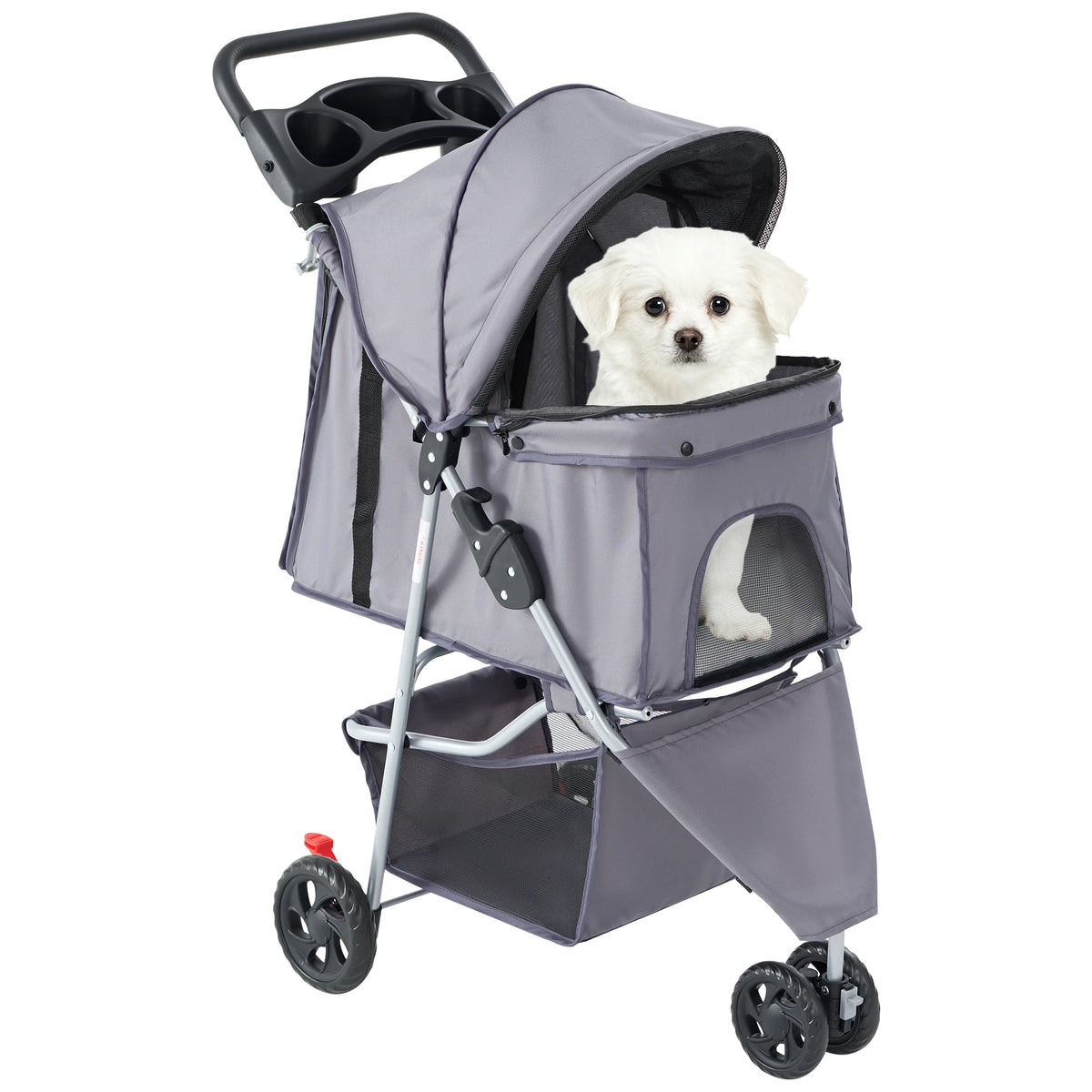 A gray 3-wheel foldable pet stroller with mesh windows carrying a small white dog.