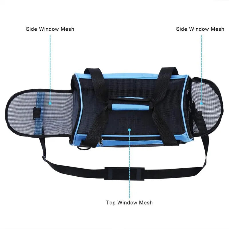 Portable foldable pet carrier with mesh windows shown from the front view