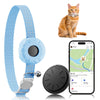 A waterproof GPS pet tracker with a blue collar and black device next to an orange cat.