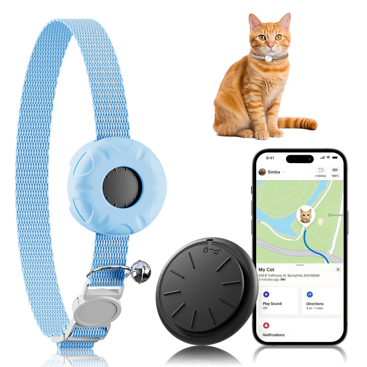 A waterproof GPS pet tracker with a blue collar and black device next to an orange cat.