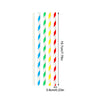 A vertical display of six biodegradable paper straws in white, blue, green, yellow, and red stripes.