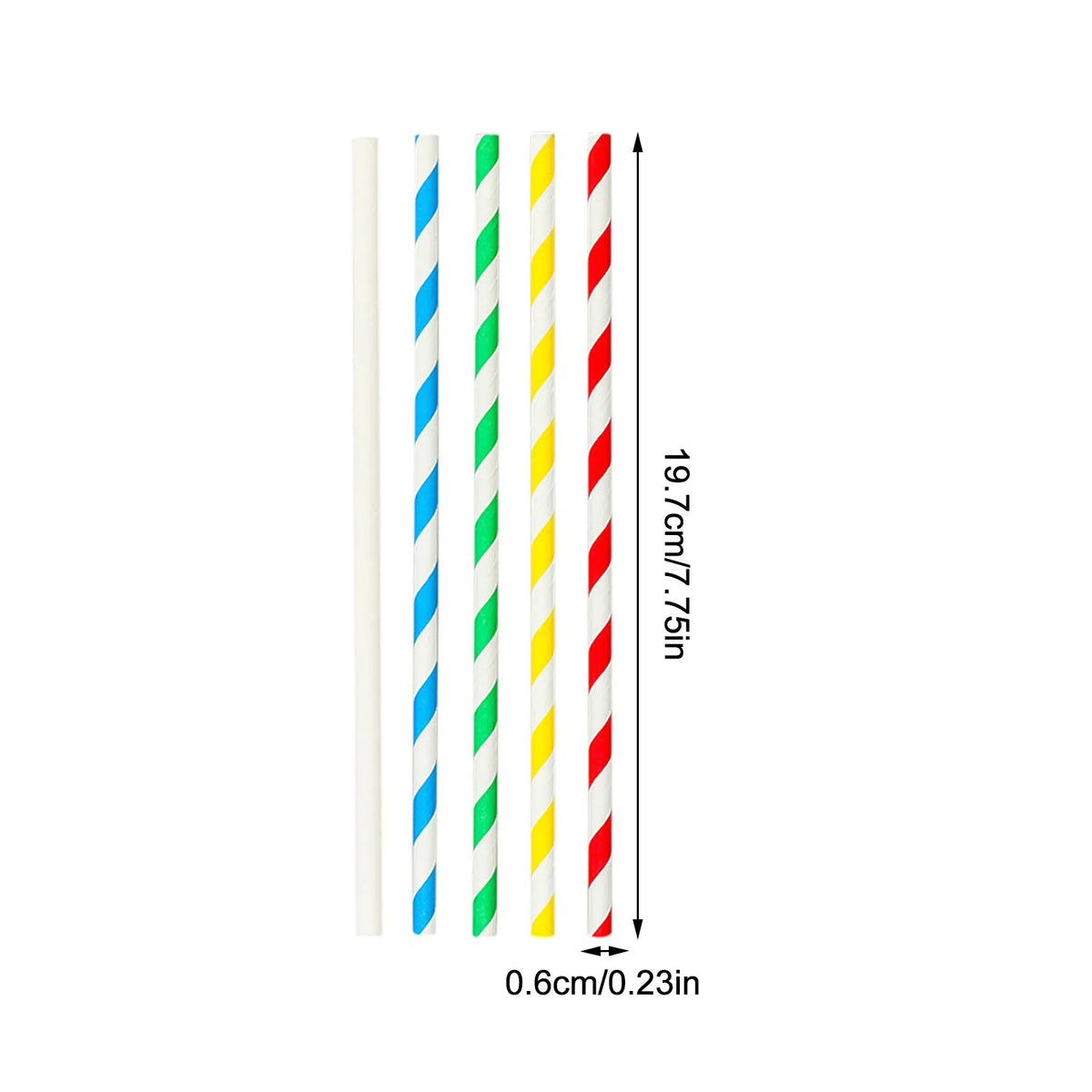 A vertical display of six biodegradable paper straws in white, blue, green, yellow, and red stripes.