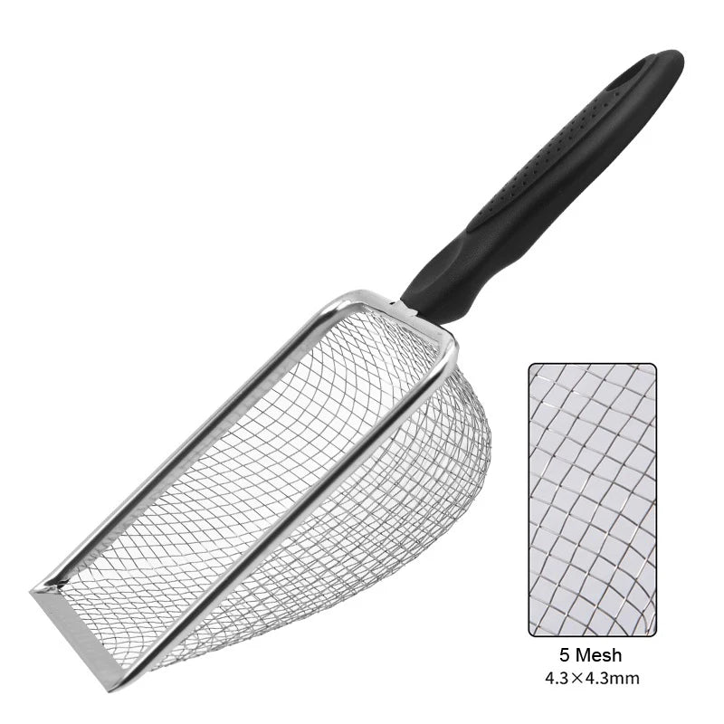 Stainless steel pet poop shovel with a black handle and 5 mesh screen for terrariums