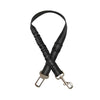 Arnés de seguridad para coche de perro negro y duradero con correa amortiguadora y clip metálico.