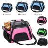 Various sizes of breathable mesh pet carrier bags for cats and small dogs in black, blue, and pink colors.