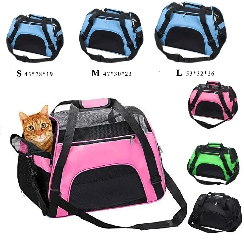 Various sizes of breathable mesh pet carrier bags for cats and small dogs in black, blue, and pink colors.