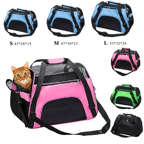 Various sizes of breathable mesh pet carrier bags for cats and small dogs in black, blue, and pink colors.