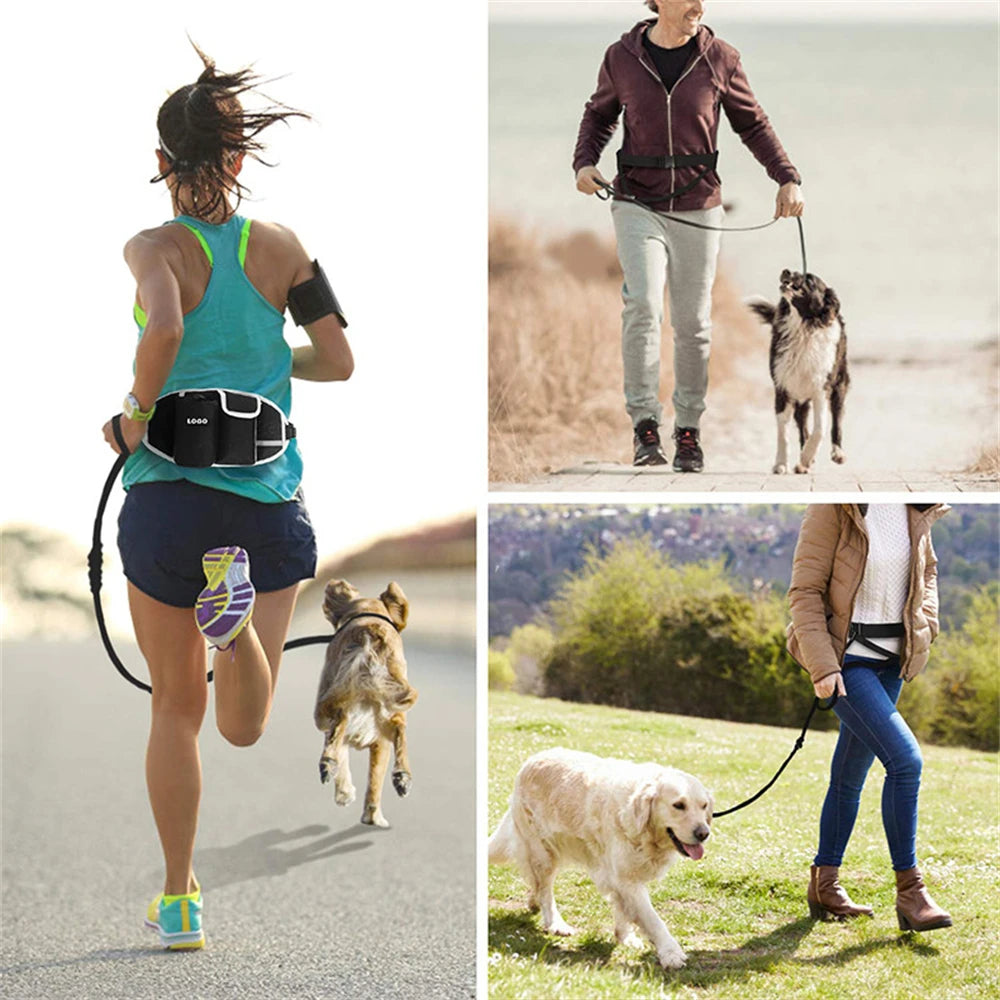A woman is jogging while wearing a hands-free dog walking belt and leash, with a dog running beside her.