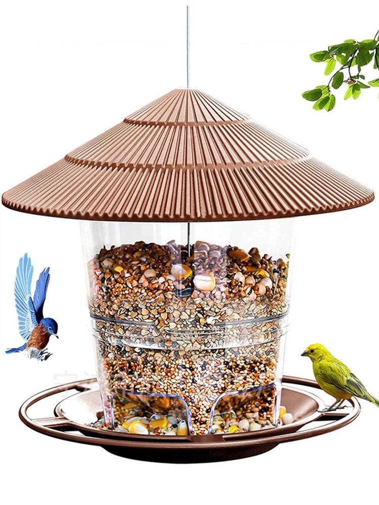 Wasserfester Vogelfuttermesser mit konischer brauner Haube und klarem Glasbehälter mit Samen.