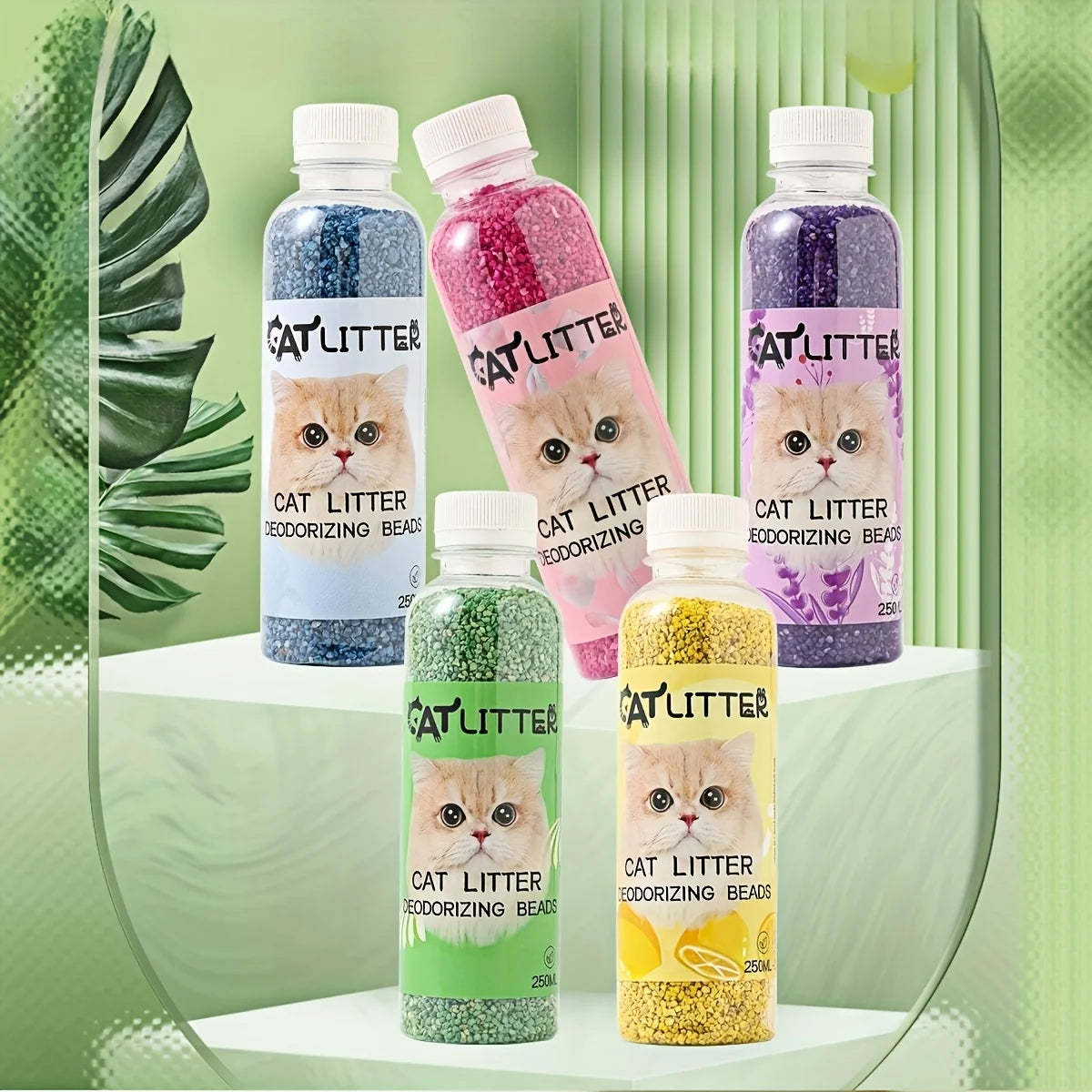 Eine Sammlung von Glasflaschen mit Katzenstreu-Deodorierungsperlen in verschiedenen Farben, darunter blau, pink, lila und...