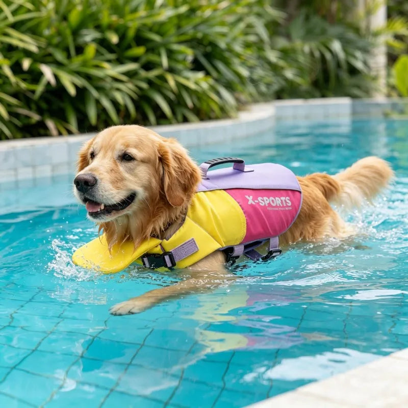 A golden retriever wearing a purple and yellow dog life jacket swims in a blue pool.