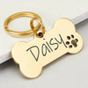 A gold-colored bone-shaped stainless steel dog ID tag engraved with the name Daisy