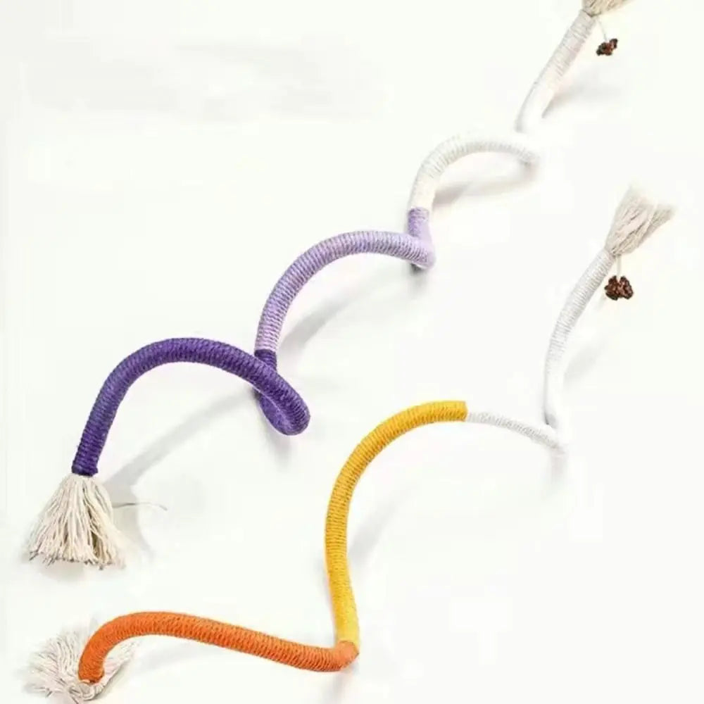 A collection of interactive cotton rope cat teaser toys in purple, gray, yellow, and orange.