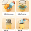 Step-by-step instructions showing how to use the stainless steel cat litter shovel with a refill bag for cleaning a bottom bo