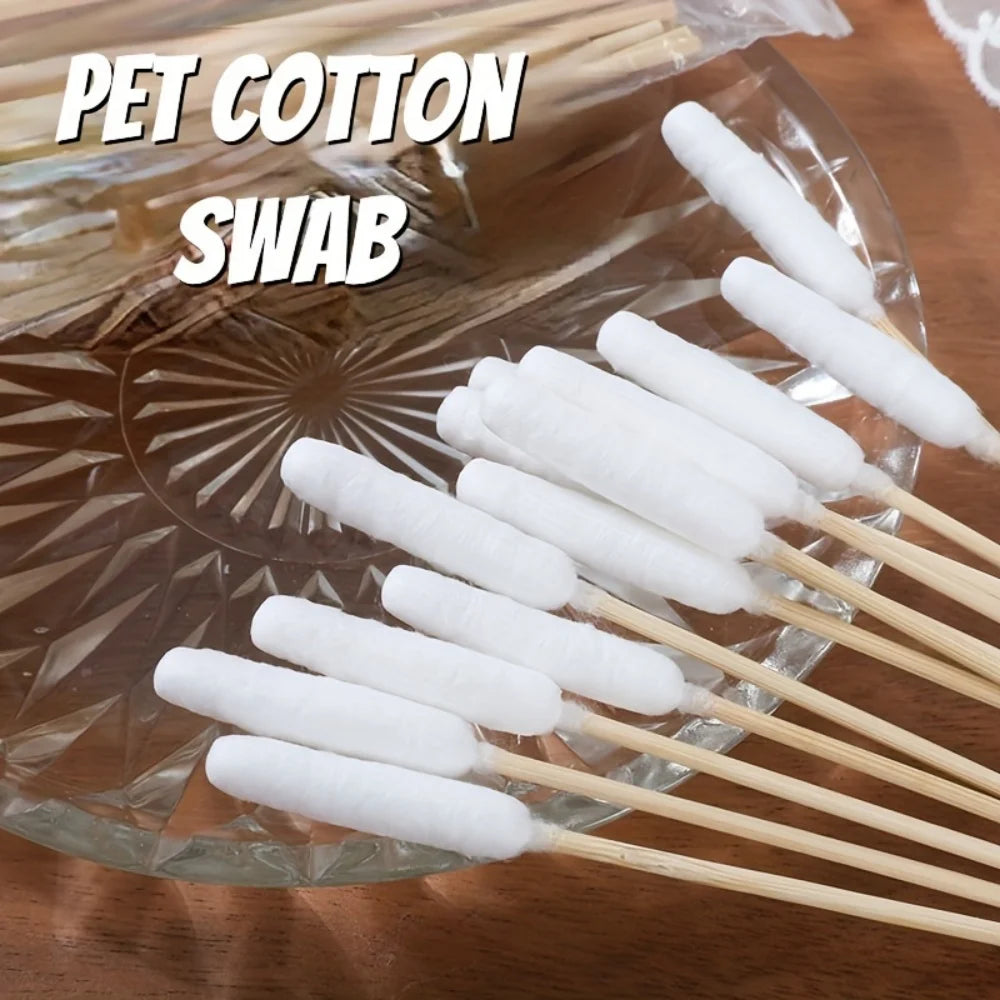 A collection of white cotton swabs on wooden sticks for pet ear cleaning.